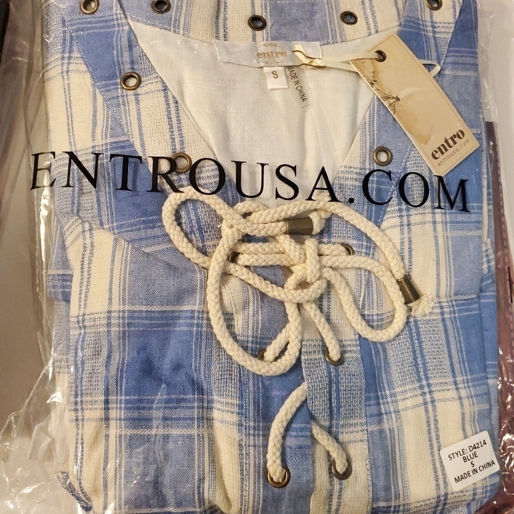 Cream and Light Blue Plaid Lace Up Dress▪︎S - Picture 5 of 6